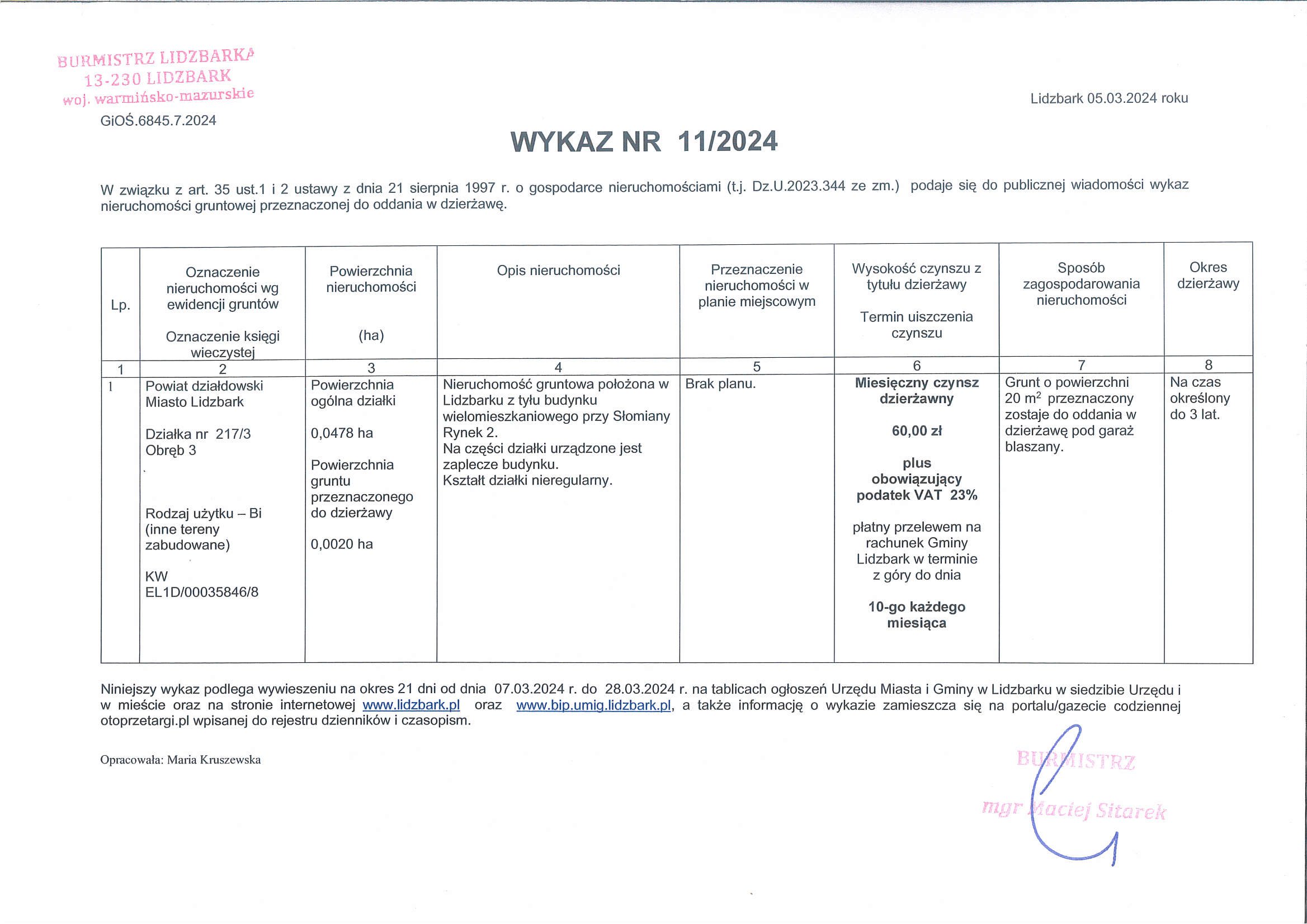 Wykaz Nr 11/2024 - Nieruchomość gruntowa do dzierżawy - Lidzbark obr. 3 dz. nr 217/3